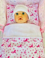Dolls Pram Cot Bedding Set - Little Pink Unicorns  BABY ANNABELL