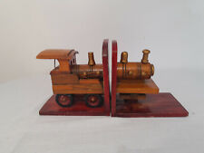 Vintage Bookends Hand Carved Wood Steam Train Engine Locomotive Wooden Book Ends