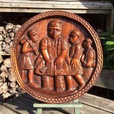 Old Vintage African Figural Carved Wood Circular Table Top Decorative Carving