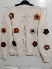 Floral Knitted Cardigan 16/18, Crochet Daisies/Flowers Hippie Boho Vintage/Retro