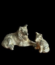 Vintage Metal Collie Lassie Dog Miniature Figurine mum and puppy 2pc