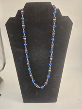 Deep Blue Frosted & Floral Glass Beaded Necklace with Gold Tone Accents