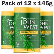 John West Tuna Chunks in Sunflower Oil Tins 100%Traceable Fish Cans Pack 12x145g