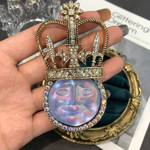 Sun moon face brooch - brooch, blue