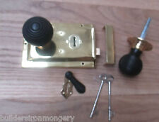 BRASS- CLASSIC OLD ENGLISH RIM DOOR LOCK KNOB HANDLE- Beehive ebony + brass