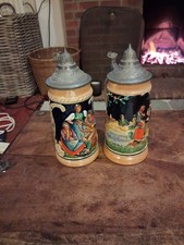 Here Are 2 X German Glazed Beer Steins Tankards with Pewter Lids.