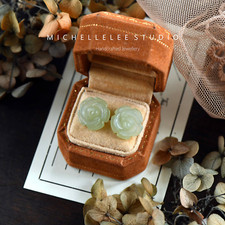 Hand Carved Natural Jade Flower Stud Earrings in Sterling Silver, Rose Flower