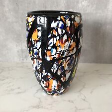 Large Murano Style Glass Vase Black Multi Coloured Abstract 26cm