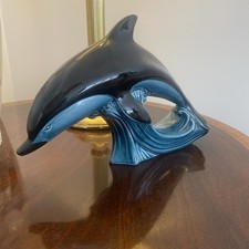 LARGE POOLE POTTERY ENGLAND BLUE DOLPHIN GLAZE Marine Sea Mammal Figurine 1970s