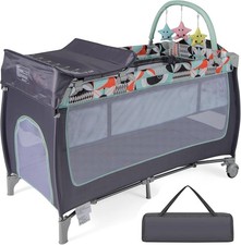 4in1 Baby Travel Cot Foldable Crib with Mattress, Changer & Storage Grey Blue