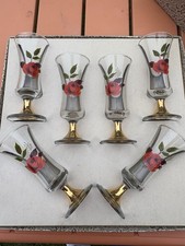 NIB Vintage 1950s/60s Rose Printed Gold Stem & Foot Sherry/ Port Glasses