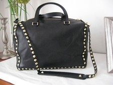 ZARA WOMAN!!! LARGE BLACK 100% COW LEATHER GOLD STUDDED TOTE & LONG STRAP