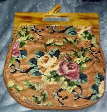 Vintage 1950s Floral Tapestry Tote Handbag With Lucite Handles