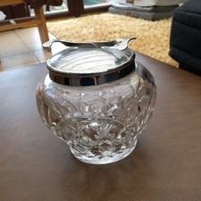 Vintage Cut Glass Sugar Cube Bowl With built in Tong Silver Plate Pincher Lid