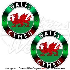 WALES-CYMRU Welsh Red Dragon Flag Roundel 75mm Vinyl Bumper Stickers, Decals x2