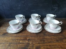 6x Vintage Bone China Trio set Tea Cup + Saucer + Side Plate Pink