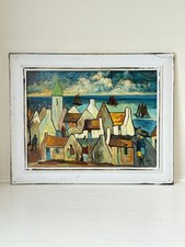 Mid Century Irish School Seaside Village Painting in Blue and Ochre Tones