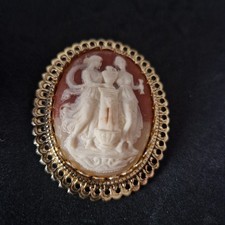 VINTAGE LARGE TERRACOTTA TONED CAMEO, LADIES AND URN, ON ORNATE GOLD TONE MOUNT