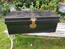 Vintage Black Metal Trunk / Storage Chest with brass clasp Prop Display