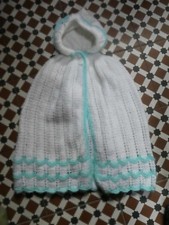 Vintage Hand knitted hooded pram cape, White / green. Coach built pram.