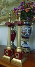 Red Corinthian Column Antique Georgian Style Table Lamp Pair + Lampshades