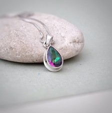 Teardrop Mystic Fire Topaz pendant in sterling silver, Cut Rainbow Topaz charm