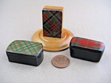 Antique paper mache Tartan decorated snuff boxes x 2 + tartan match box holder