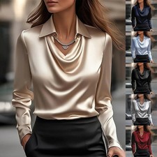 Ladies Satin Silk Tee Shirts OL Work Lapel V Neck Pullover Blouse Tops SIZE 6-20