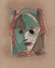 ABSTRACT FACE IN THE STYLE OF PICASSO Pastel Drawing 2013 INDISTINCT SIGNATURE