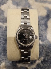 Rolex Date Ladies Stainless Steel Watch Quickset Oyster Band Black Dial 69240