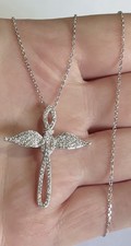 Genuine Solid Sterling Silver Sparkling Stones Cross Pendant On Chain Necklace