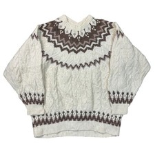 Vintage Icelandic Hand Knit Fair Isle 100% Wool Beige Brown Womens Large