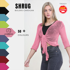 Womens Open Front Tie Up Shrug 3/4 Sleeve Fine Knit Cropped Bolero Cardigan Top