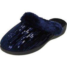 Ladies Wedge Heel Slipper Sequin Warm Lined Navy Blue Slip On Mule House Shoes