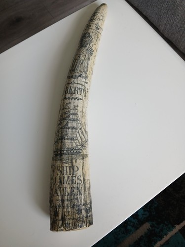 Scrimshaw walrus tusk - walrus, ship