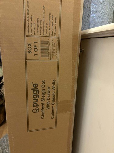 White sleigh cot with - cot, drawer