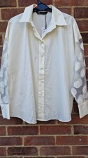 ZARA White Cream Sheer Sleeve Blouse Shirt Textured Polka Dot Detail Size L (a4)