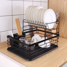 2Tier Kitchen Dish Drainer Rack Drip Tray Cutlery Holder Plate Bowl Rack Sink UK