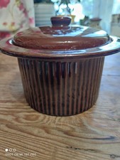 Vintage Brown Ceramic Casserole Dish/Cooking  pot with lid.  Base Diameter 6”