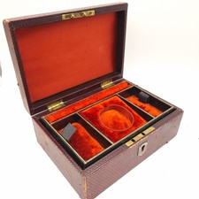 Antique Leather Bound Jewellery Box Velvet Lined Tray Red Campaign Handle