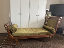 Antique Carved Wood Chaise Longue / Daybed with Green Velvet Upholstery