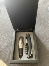Classic 2 piece Wine Corkscrew And Wine Stopper Both Steel In Black Wooden Box