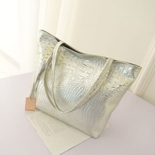 Large Faux Mock Croc Silver Gold Tote Shoulder Shopper Beach Travel Holiday Bag
