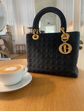 Vintage Christian Dior Lady Dior Bag Black Canvas Medium Top Handle Handbag Auth