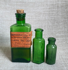 Antique 3x Victorian Green Glass Bottles Not To Be Taken Original Chemist Label