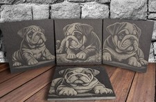 English Bulldog Puppy Engraved Slate Coaster gift Set- Drink mats Dog Tableware 