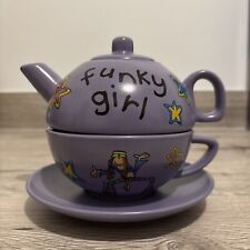 Rare Vintage 2000 BANG ON THE DOOR - Funky Girl Purple Ceramic Tea Pot + Cup