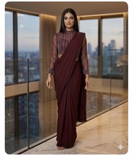 Maroon Pre-Draped Ruffle Saree