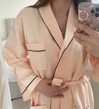 Pink Waffle Robe with Black Piping 100% Cotton | Unisex Spa Robe | Wedding Robe