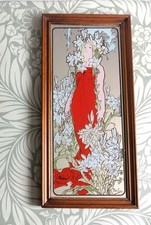 Beautiful Vintage 1970s Alphonse Mucha Art Nouveau Lady Picture Mirror - 17.5" H
